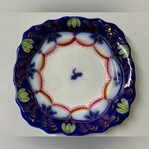 19th Century Gaudy Welsh Ironstone Banana Flow Blue Square Scalloped Plate